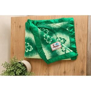 Vintage Swan Emerald Green Clover Ikat Rayon Throw Blanket Satin Trim Cozy Bold